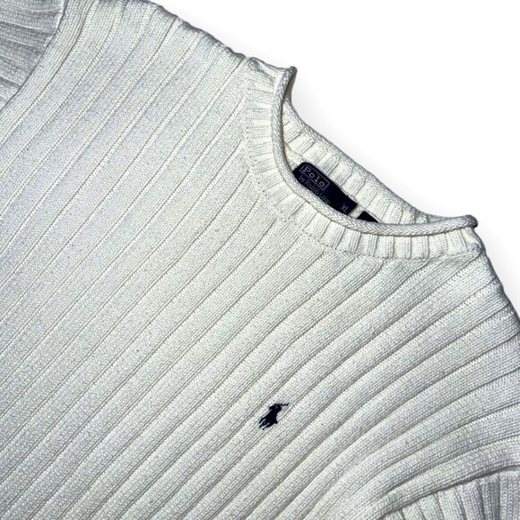 Vintage 90s MADE IN JAPAN Polo Ribbed Sweater L Ivory Fisherman Short Fit - Picture 2 of 9